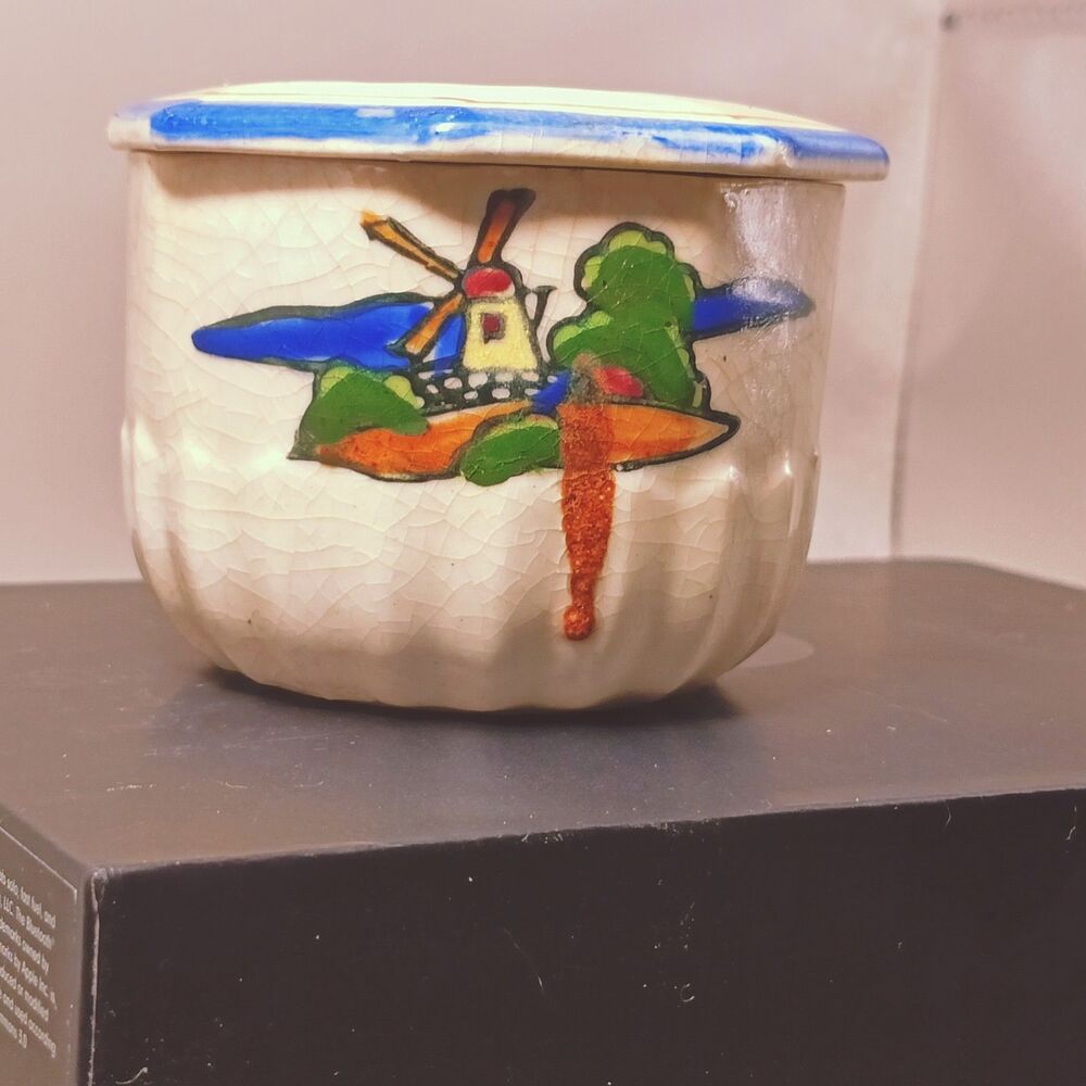 Vintage Delft Style Windmill Trinket Box w/ Lid Crackle Glaze 3”